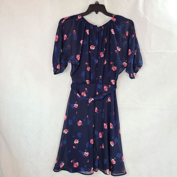 New DKNY Women's (12) Blue and Pink Floral Print Chiffon Fit & Flare Dress $134 - Picture 8 of 12